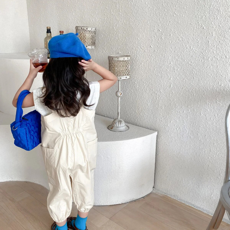 2022 m. vasaros mergaičių madingi vienspalviai laisvi kombinezonai mergaitei medvilninės, plonos juosmens petnešos, ilgos kelnės
