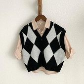 Παιδικά Πλεκτά Αγόρια Κορίτσια Μαύρο Λευκό Έλεγχο Χρώμα Αμάνικο Γιλέκο 1-6Y Baby Boys Girls Ανοιξιάτικο Φθινοπωρινό Ζακέτα