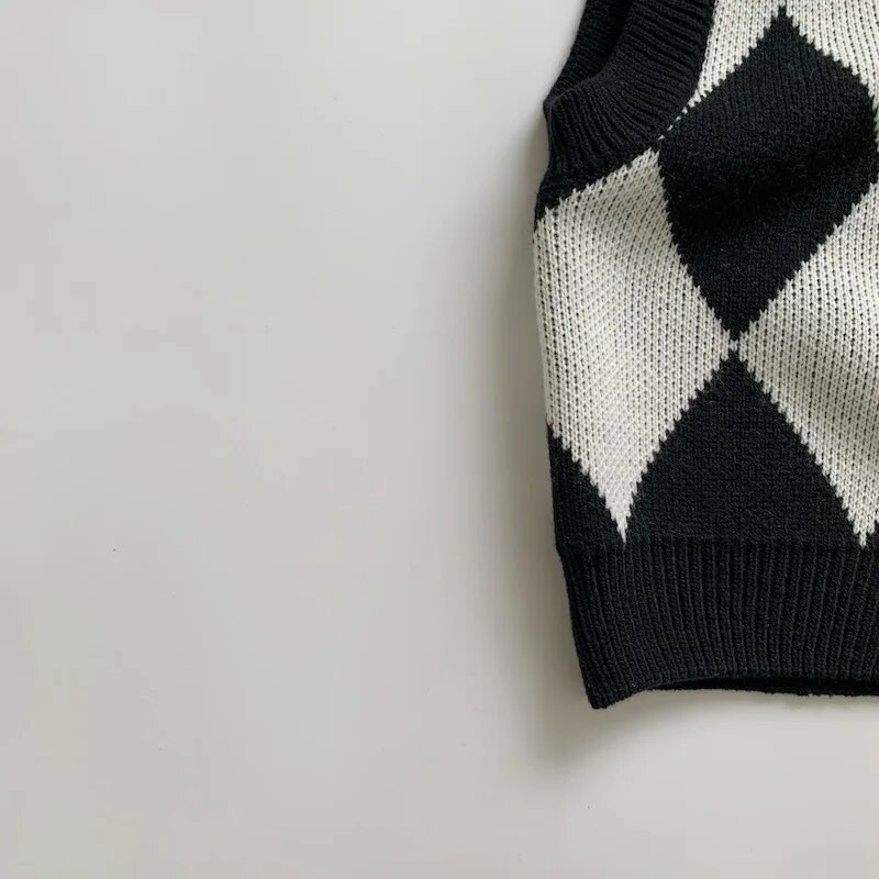 Παιδικά Πλεκτά Αγόρια Κορίτσια Μαύρο Λευκό Έλεγχο Χρώμα Αμάνικο Γιλέκο 1-6Y Baby Boys Girls Ανοιξιάτικο Φθινοπωρινό Ζακέτα