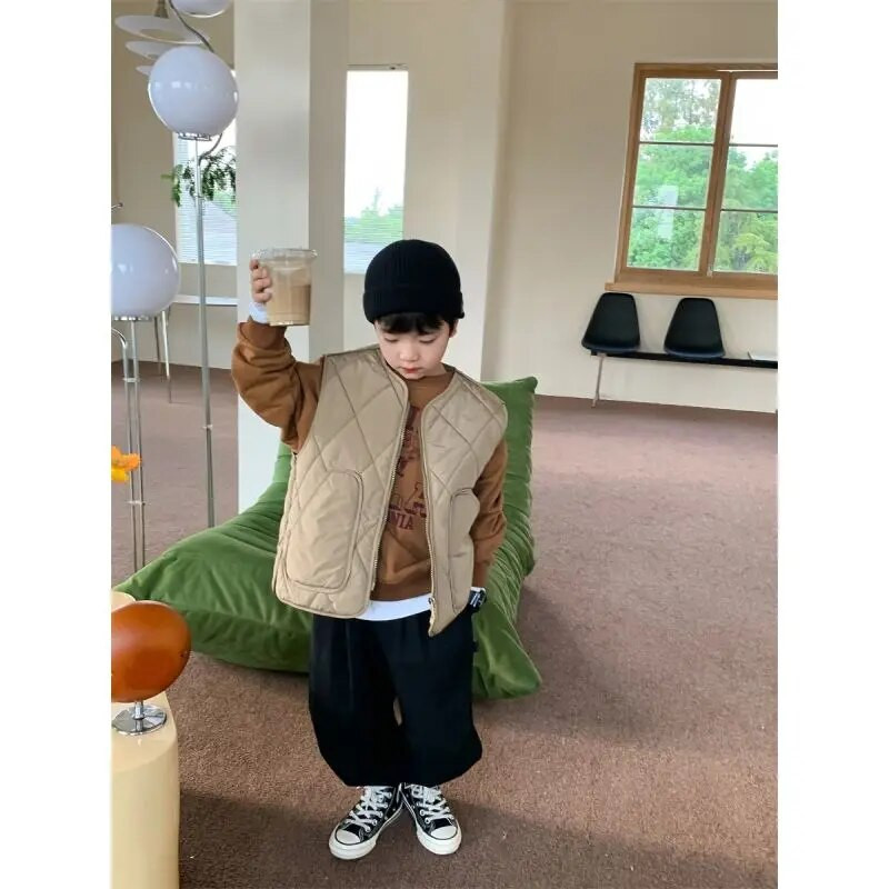 Berniukų rudens žiema Nauja madinga liemenė su apvalia kakle Laisvalaikio vakarietiško stiliaus Universalus Y2K Vaikiški drabužiai Viršutiniai drabužiai Paltai Viršutiniai