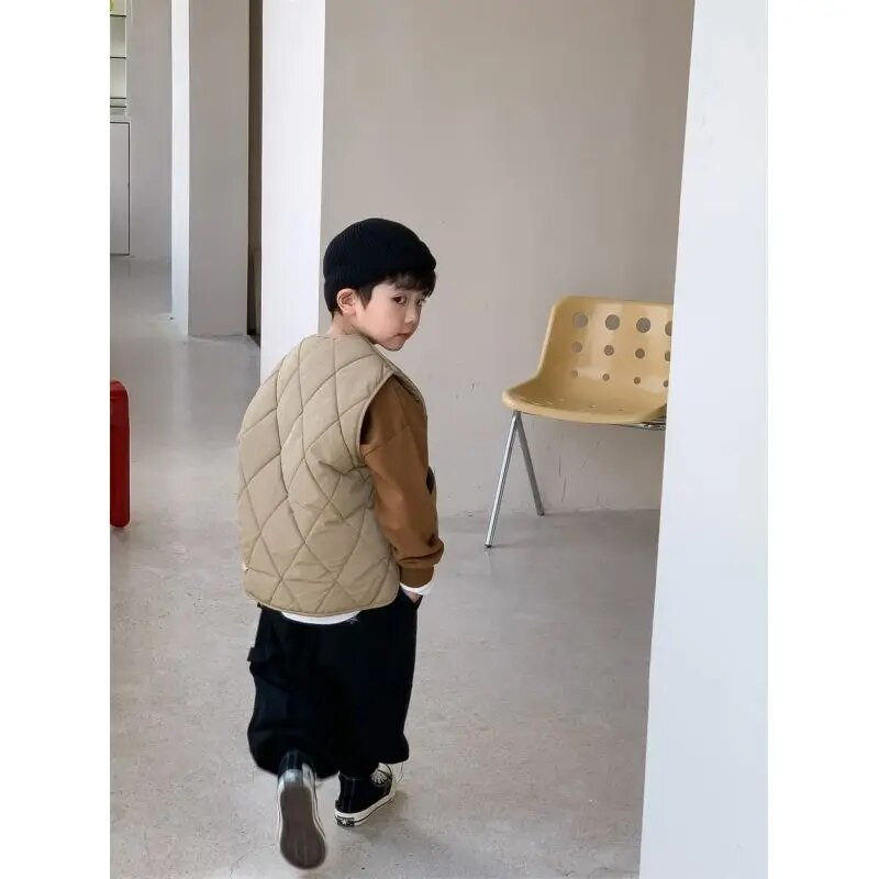 Berniukų rudens žiema Nauja madinga liemenė su apvalia kakle Laisvalaikio vakarietiško stiliaus Universalus Y2K Vaikiški drabužiai Viršutiniai drabužiai Paltai Viršutiniai