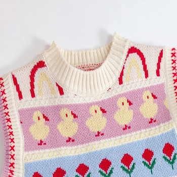 Сладка плетена жилетка за момичета Пролет Есен Анимационни раирани пуловери без ръкави Пуловери Детска жилетка за момиче Детски дрехи
