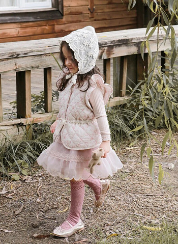 Детска жилетка с жилетка за момичета 2023 Есен и зима Корейска мода на цветя, памук, сладък, сладък, едноцветен, едноредов