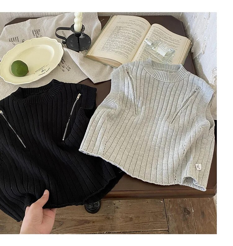 Vest Lasteriided Poiste sügishooaeg Poiste mood Tõmblukk Varrukateta Kamisol kudumine Triibuline Ümarkrae
