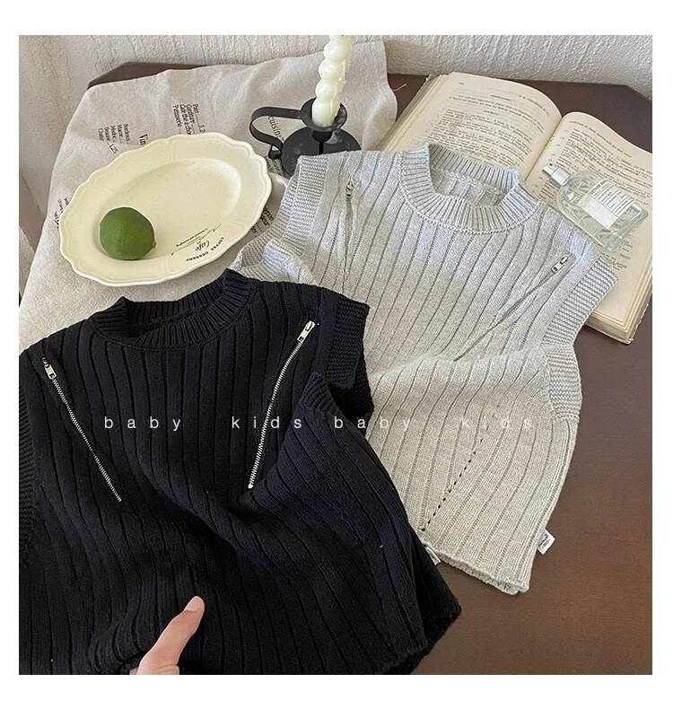 Vest Lasteriided Poiste sügishooaeg Poiste mood Tõmblukk Varrukateta Kamisol kudumine Triibuline Ümarkrae