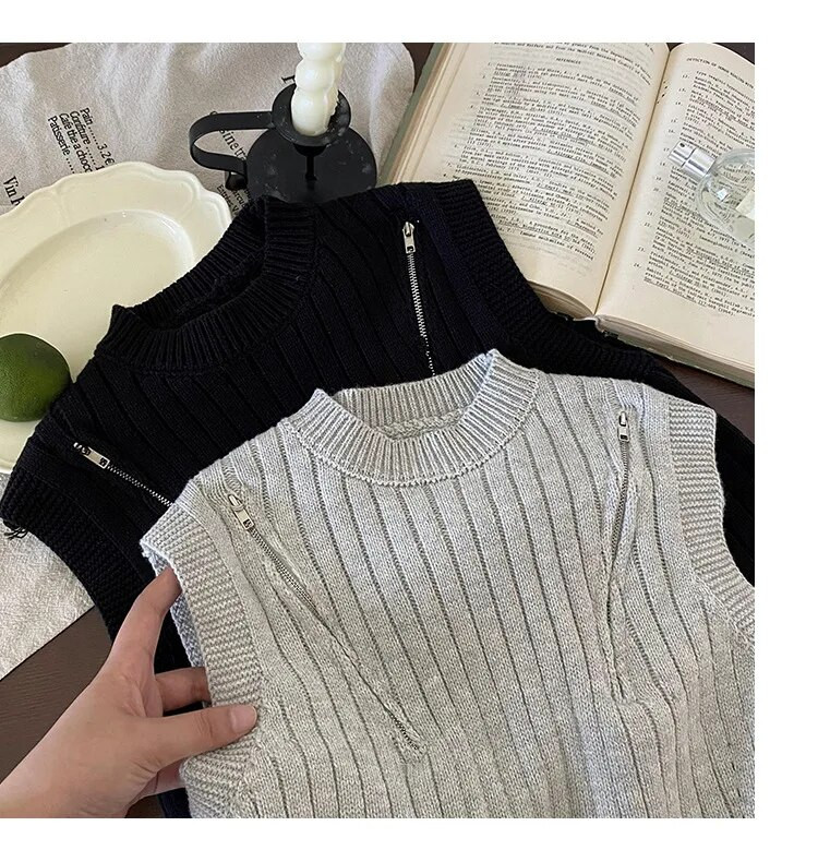 Vest Lasteriided Poiste sügishooaeg Poiste mood Tõmblukk Varrukateta Kamisol kudumine Triibuline Ümarkrae