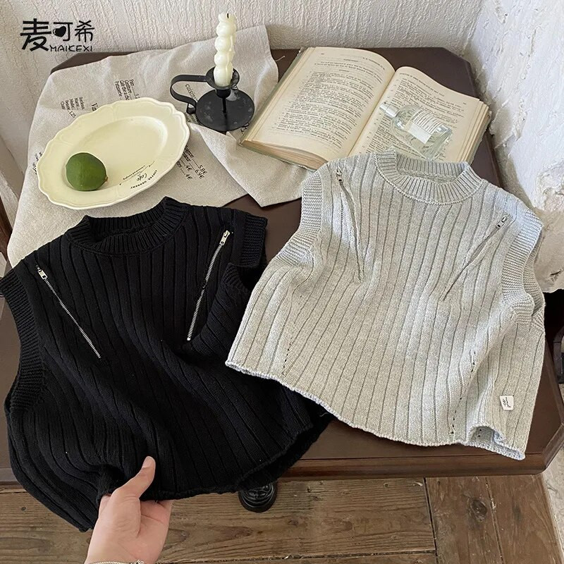 Vest Lasteriided Poiste sügishooaeg Poiste mood Tõmblukk Varrukateta Kamisol kudumine Triibuline Ümarkrae