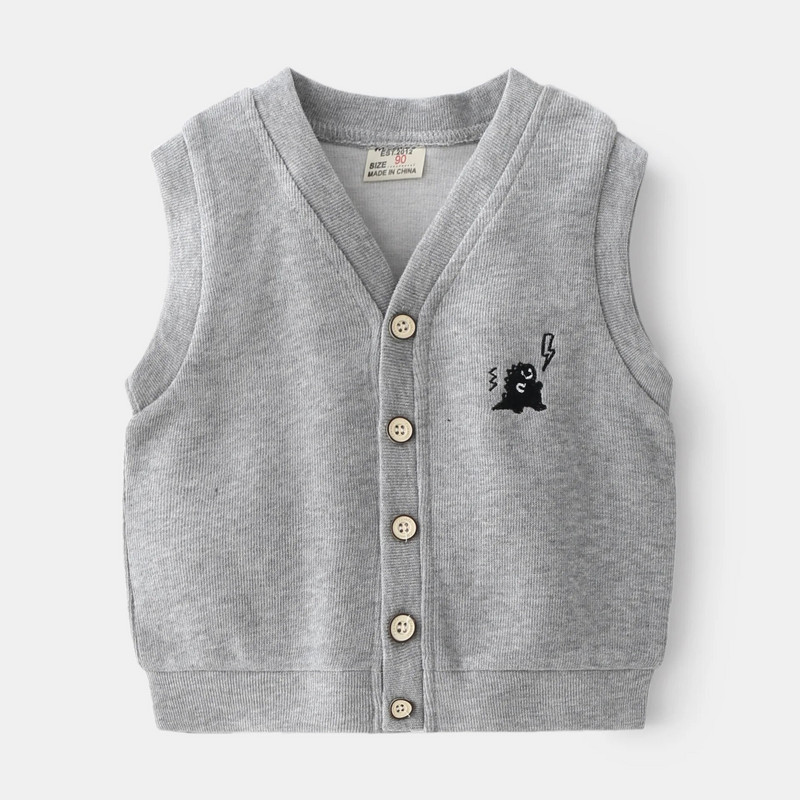 Sobib 3-8 aastastele poistele kevad- ja sügise kootud vest, ühe rinnaga stiilis