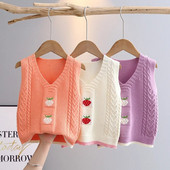 Mezgimo megztiniai be rankovių mergaitei, mielas braškių raštas 1-6 m. bamblys, laisvalaikio medvilninė plona liemenė mergaitėms GY04202