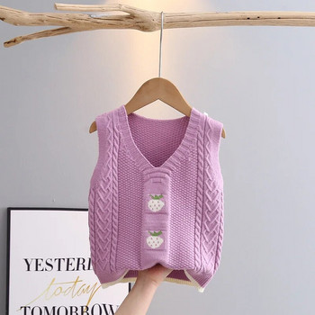 Пуловери за плетене без ръкави за бебе момиче Сладка ягодова шарка 1-6 години Ежедневна памучна тънка жилетка за момичета за малко дете GY04202
