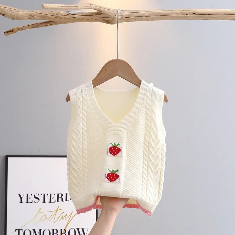 Mezgimo megztiniai be rankovių mergaitei, mielas braškių raštas 1-6 m. bamblys, laisvalaikio medvilninė plona liemenė mergaitėms GY04202