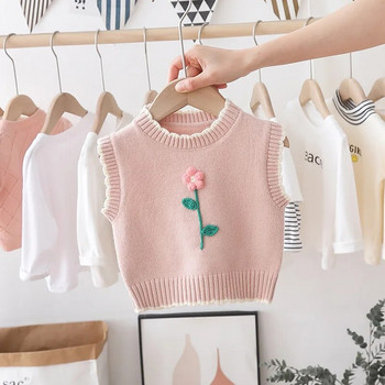 Пролет 2023 Нови плетени пуловери за момичета Жилетка Модни плетени жилетки с цветя за момичета Топове Детски бебета Пуловер с О-образно деколте FY12161