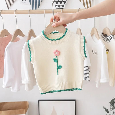 Proljeće 2023. Novi pleteni puloveri za djevojčice, modni prsluci za djevojčice, pleteni prsluci s cvijećem, majice, dječje, bebe, pulover s O-izrezom FY12161