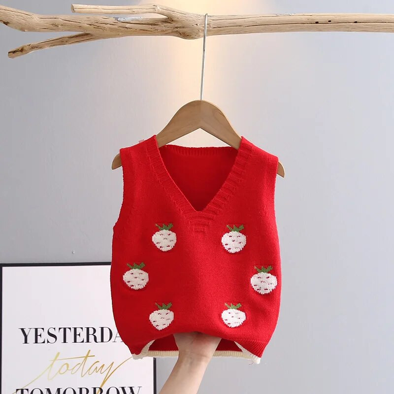 Αμάνικο πουλόβερ για κορίτσια Άνοιξη Φθινόπωρο με λαιμόκοψη V Παιδικά Πλεκτά Βρεφικά πλεκτά γιλέκο κοριτσάκι καρτούν φράουλα παιδικά γιλέκα GY03083