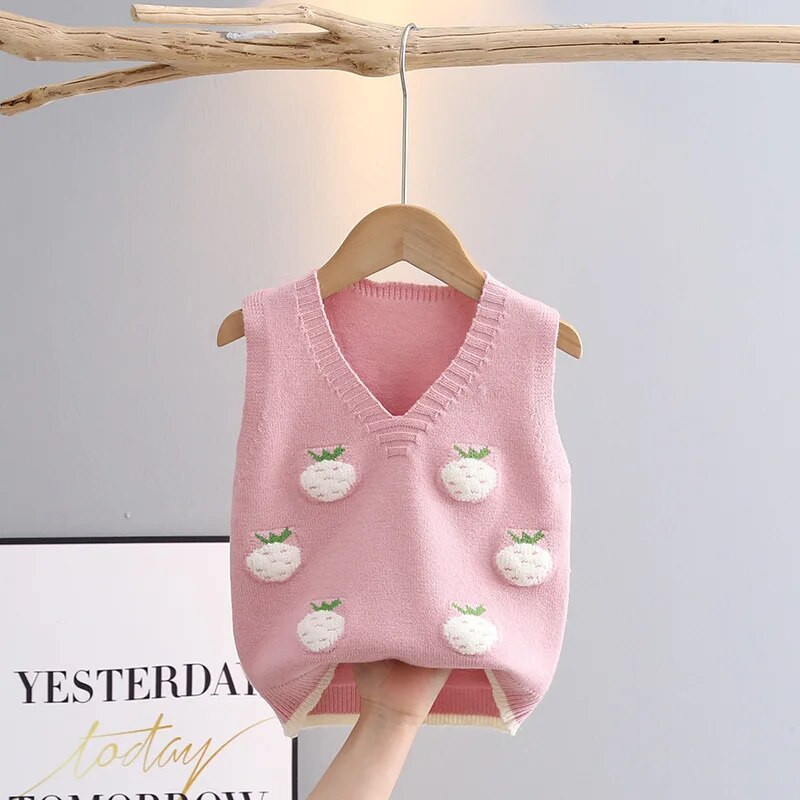 Αμάνικο πουλόβερ για κορίτσια Άνοιξη Φθινόπωρο με λαιμόκοψη V Παιδικά Πλεκτά Βρεφικά πλεκτά γιλέκο κοριτσάκι καρτούν φράουλα παιδικά γιλέκα GY03083