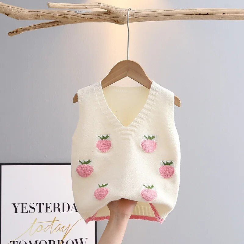 Αμάνικο πουλόβερ για κορίτσια Άνοιξη Φθινόπωρο με λαιμόκοψη V Παιδικά Πλεκτά Βρεφικά πλεκτά γιλέκο κοριτσάκι καρτούν φράουλα παιδικά γιλέκα GY03083