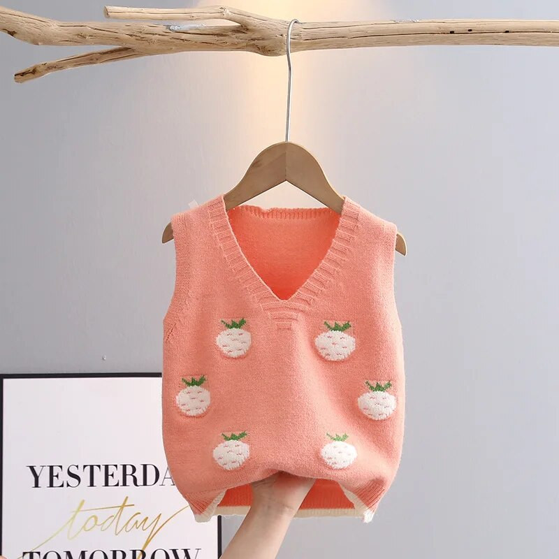 Αμάνικο πουλόβερ για κορίτσια Άνοιξη Φθινόπωρο με λαιμόκοψη V Παιδικά Πλεκτά Βρεφικά πλεκτά γιλέκο κοριτσάκι καρτούν φράουλα παιδικά γιλέκα GY03083