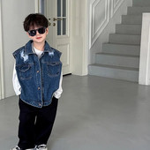 Jesenné detské trendy z džínsoviny 2023, módne chlapčenské vesty s golierom a ležérnou vestou, nadrozmerné, univerzálne, topy