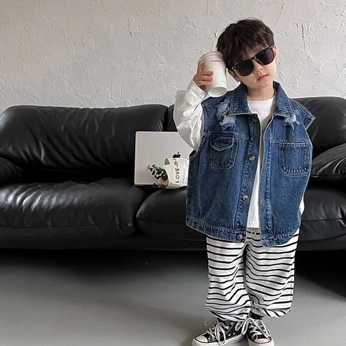 Jesenné detské trendy z džínsoviny 2023, módne chlapčenské vesty s golierom a ležérnou vestou, nadrozmerné, univerzálne, topy