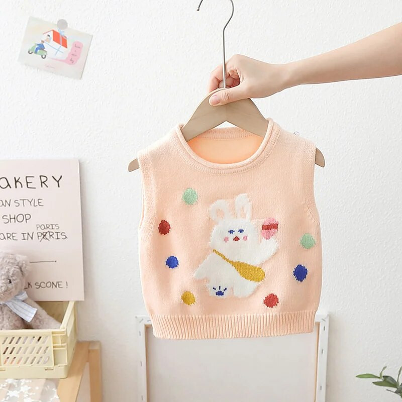 Χειμερινό πλεκτό παιδικό γιλέκο για κορίτσι με στάμπα παιδικό πουλόβερ κοριτσίστικο πουλόβερ αμάνικο βρεφικό γιλέκο Ρούχα φθινόπωρο 2023