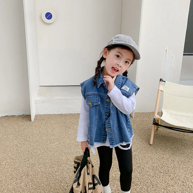 Madinga džinsinė liemenė striukė kūdikiams mergaitėms berniukams pavasario rudeniui mažiems vaikams be rankovių džinsinė liemenė vaikiški viršutiniai drabužiai