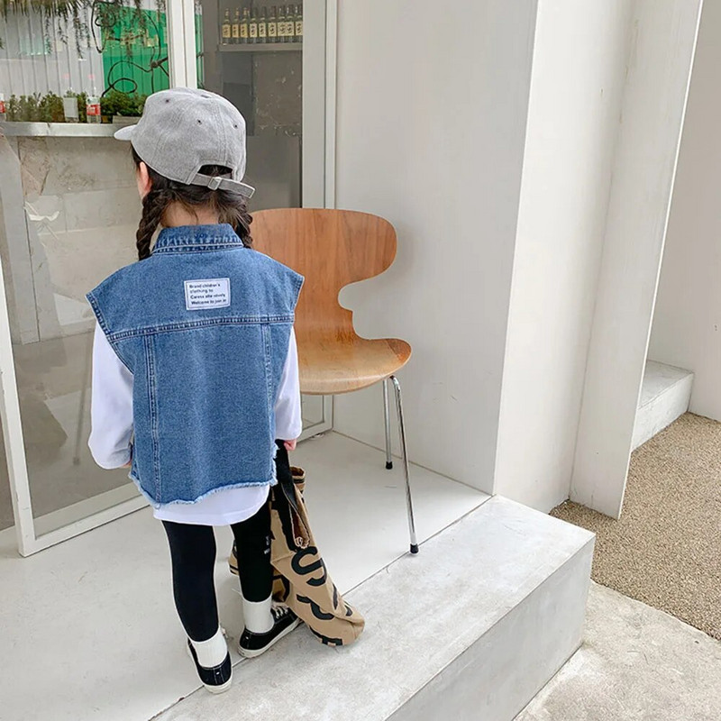 Madinga džinsinė liemenė striukė kūdikiams mergaitėms berniukams pavasario rudeniui mažiems vaikams be rankovių džinsinė liemenė vaikiški viršutiniai drabužiai