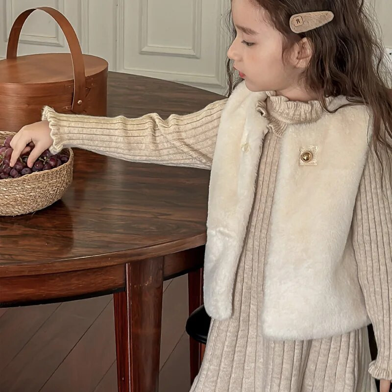 Meiteņu mākslīgās trušu kažokādas vestes, 2023. gada jauna ziemas vilnas silta meiteņu vestes jaka