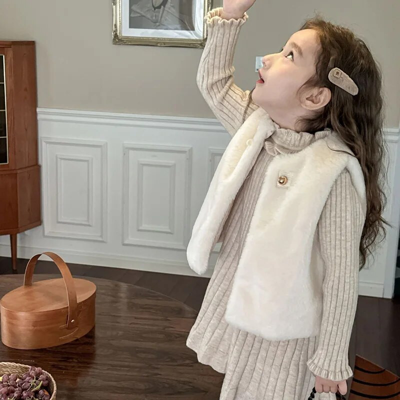 Meiteņu mākslīgās trušu kažokādas vestes, 2023. gada jauna ziemas vilnas silta meiteņu vestes jaka