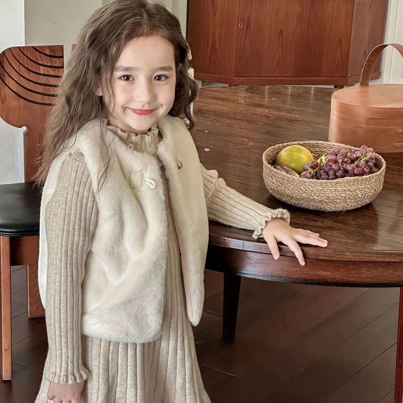 Meiteņu mākslīgās trušu kažokādas vestes, 2023. gada jauna ziemas vilnas silta meiteņu vestes jaka