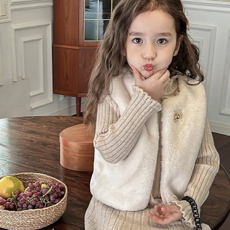 Meiteņu mākslīgās trušu kažokādas vestes, 2023. gada jauna ziemas vilnas silta meiteņu vestes jaka