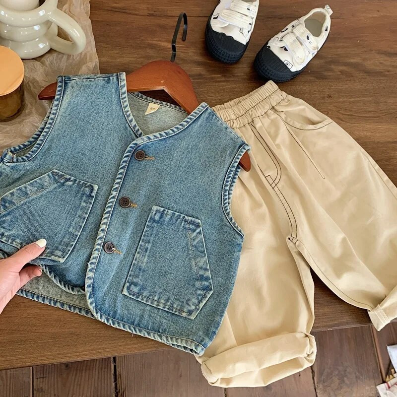 Sügisesed lasteriided vanamoelised poisid teksavest vest tüdrukute vabaaja vestiga ülerõivad