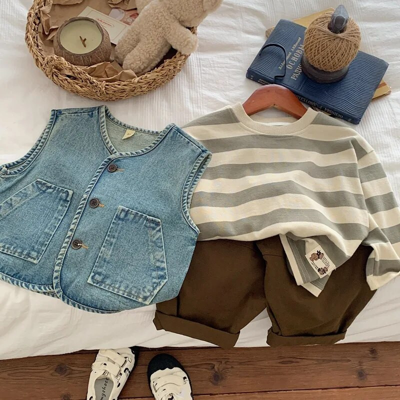 Sügisesed lasteriided vanamoelised poisid teksavest vest tüdrukute vabaaja vestiga ülerõivad