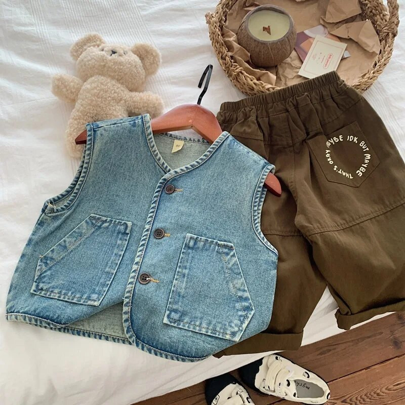 Sügisesed lasteriided vanamoelised poisid teksavest vest tüdrukute vabaaja vestiga ülerõivad