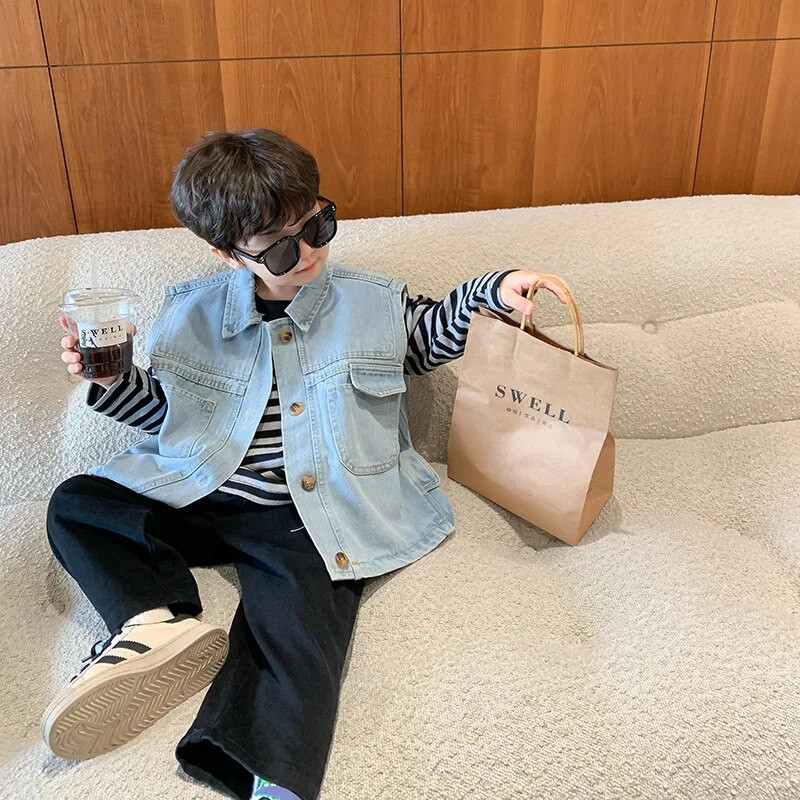 Παιδικά τζιν γιλέκα σε ρετρό στυλ Παιδικά φαρδιά αμάνικα εξωτερικά ρούχα για αγόρια γιλέκο μόδας