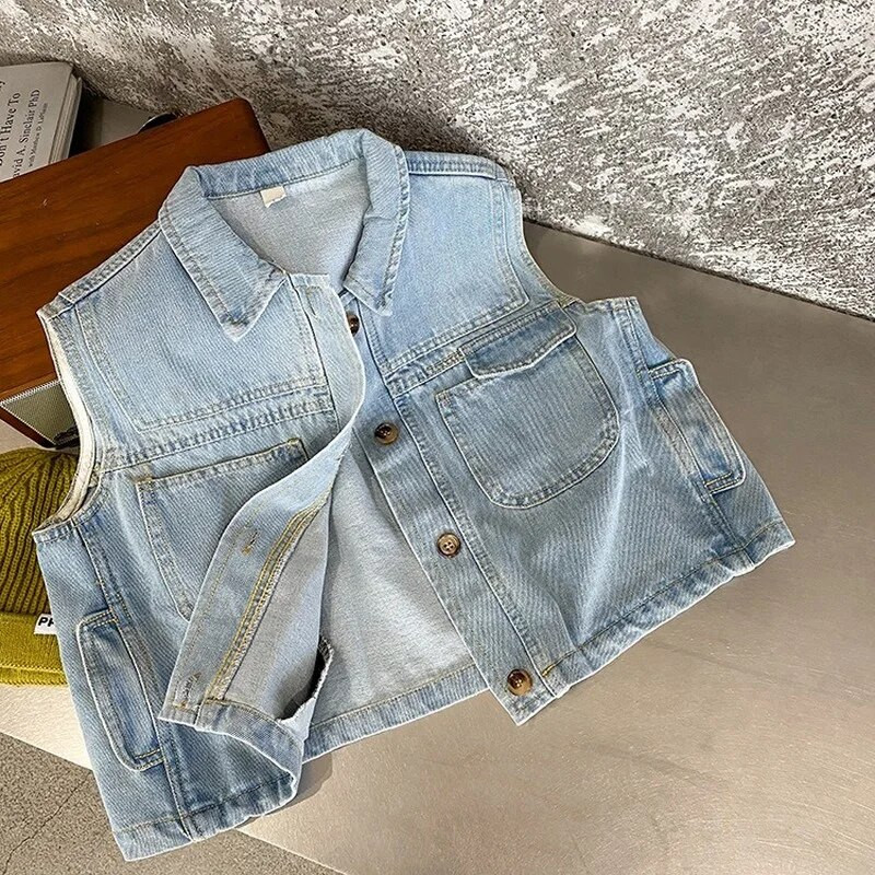 Παιδικά τζιν γιλέκα σε ρετρό στυλ Παιδικά φαρδιά αμάνικα εξωτερικά ρούχα για αγόρια γιλέκο μόδας