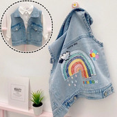 Denim Vest jakk lastele Tüdrukutele Multifilm Vikerkaare Aplikatsioonid Topid Sügismood Turn-down Jean vestid Väikelaste riided Tüdrukute Vest