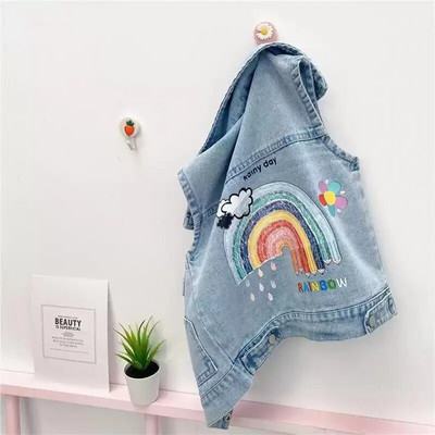 Denim Vest jakk lastele Tüdrukutele Multifilm Vikerkaare Aplikatsioonid Topid Sügismood Turn-down Jean vestid Väikelaste riided Tüdrukute Vest