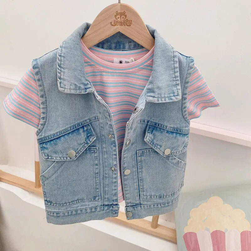 Džinsinė liemenė striukė vaikams Mergaitei animacinių filmų vaivorykštės aplikacijos Viršutiniai rudeniniai madingi džinsai liemenės kūdikių drabužiai mergaičių liemenė