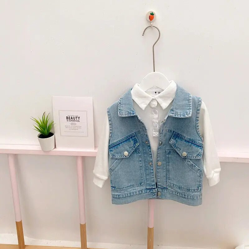 Džinsinė liemenė striukė vaikams Mergaitei animacinių filmų vaivorykštės aplikacijos Viršutiniai rudeniniai madingi džinsai liemenės kūdikių drabužiai mergaičių liemenė