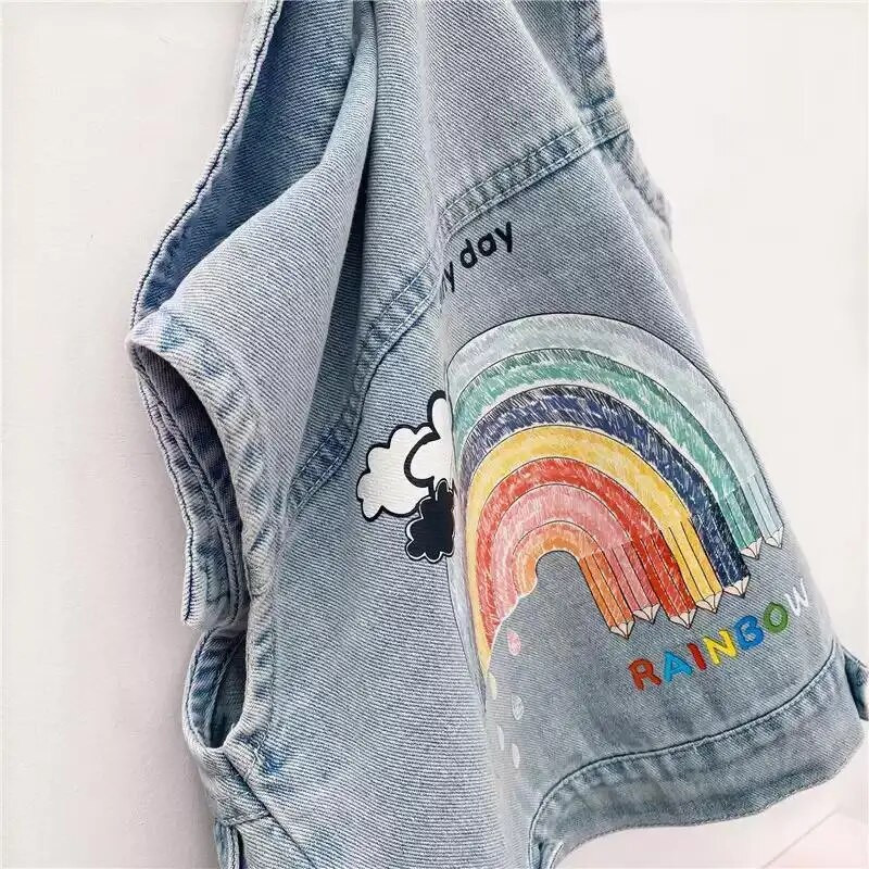 Džinsinė liemenė striukė vaikams Mergaitei animacinių filmų vaivorykštės aplikacijos Viršutiniai rudeniniai madingi džinsai liemenės kūdikių drabužiai mergaičių liemenė