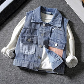 Atlenkiama apykakle Liemenės Pavasariniai berniukų kratiniai Kišeniniai Džinsiniai Liemenės Vaikams Karikatūra Laisvalaikiai Džinsai Viršutiniai Mažylių Drabužiai Viršutiniai Drabužiai