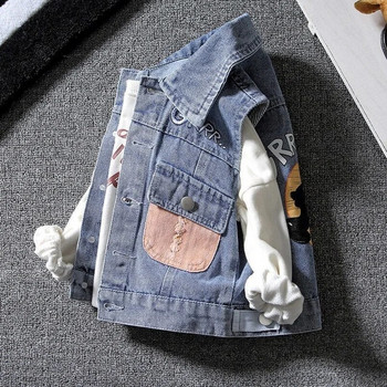 Γιλέκα με κολάρο ανοιξιάτικα για αγόρια με συνονθύλευμα τζιν γιλέκο τσέπης παιδικά κινούμενα σχέδια Casual τζιν μπλουζάκια Εξωτερικά ρούχα για αγόρια για παιδιά