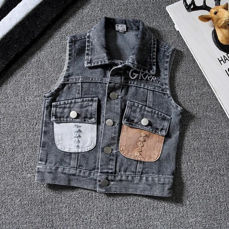 Atlenkiama apykakle Liemenės Pavasariniai berniukų kratiniai Kišeniniai Džinsiniai Liemenės Vaikams Karikatūra Laisvalaikiai Džinsai Viršutiniai Mažylių Drabužiai Viršutiniai Drabužiai