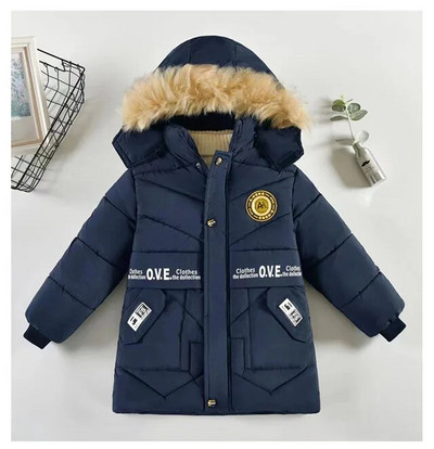 2023. aasta uus stiil, talvine soojahoidev poiste jope Letter F moodne vooder plüüsist karusnahast kraega kapuutsiga raske mantel lastele