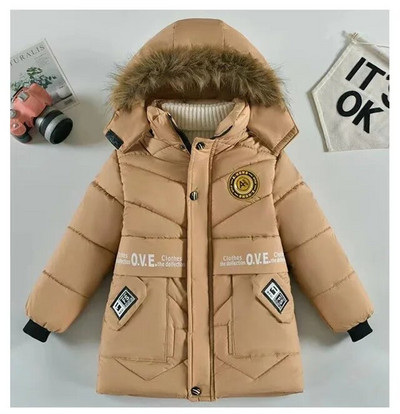 2023. aasta uus stiil, talvine soojahoidev poiste jope Letter F moodne vooder plüüsist karusnahast kraega kapuutsiga raske mantel lastele