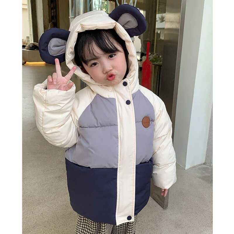 2–6 metų mielos ausytės, žieminė berniukų, mergaičių striukė, 2 spalvų stora, šilta, sujungimo stiliaus dizainas, madingi pūkiniai paltai vaikams