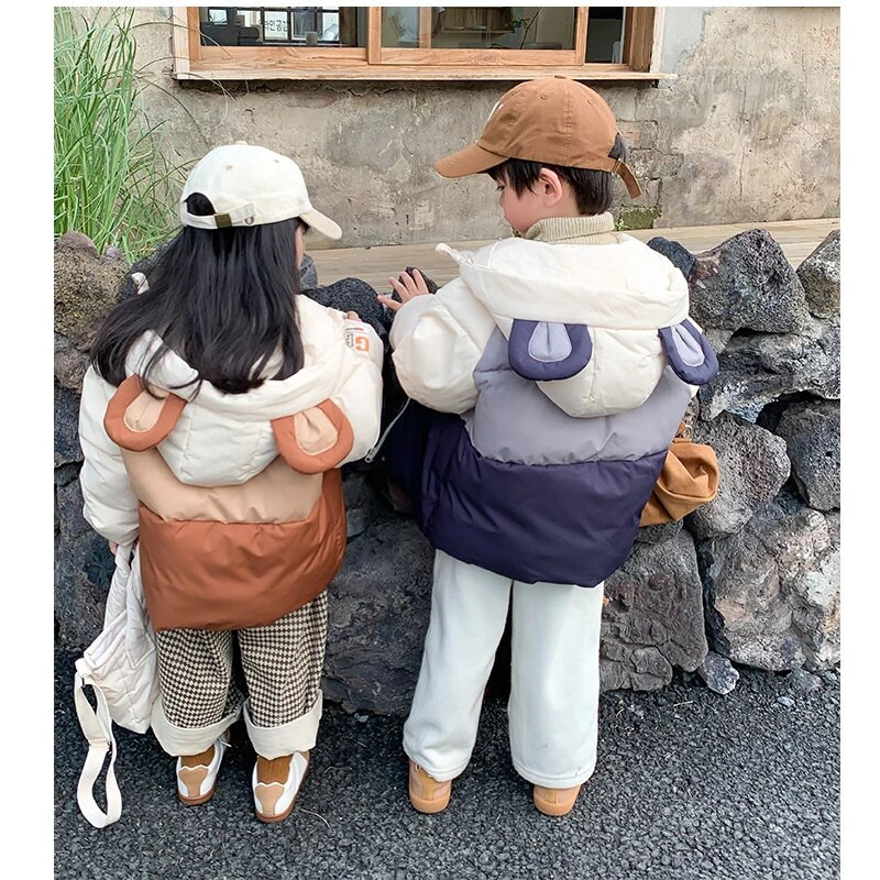 2–6 metų mielos ausytės, žieminė berniukų, mergaičių striukė, 2 spalvų stora, šilta, sujungimo stiliaus dizainas, madingi pūkiniai paltai vaikams