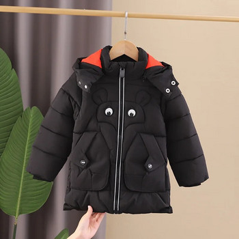 Ново зимно яке за бебета 2023 г. със средна дължина с анимационен модел, удебелено, затоплящо, снежен костюм с качулка за 2-5 години, детско пухено връхно облекло