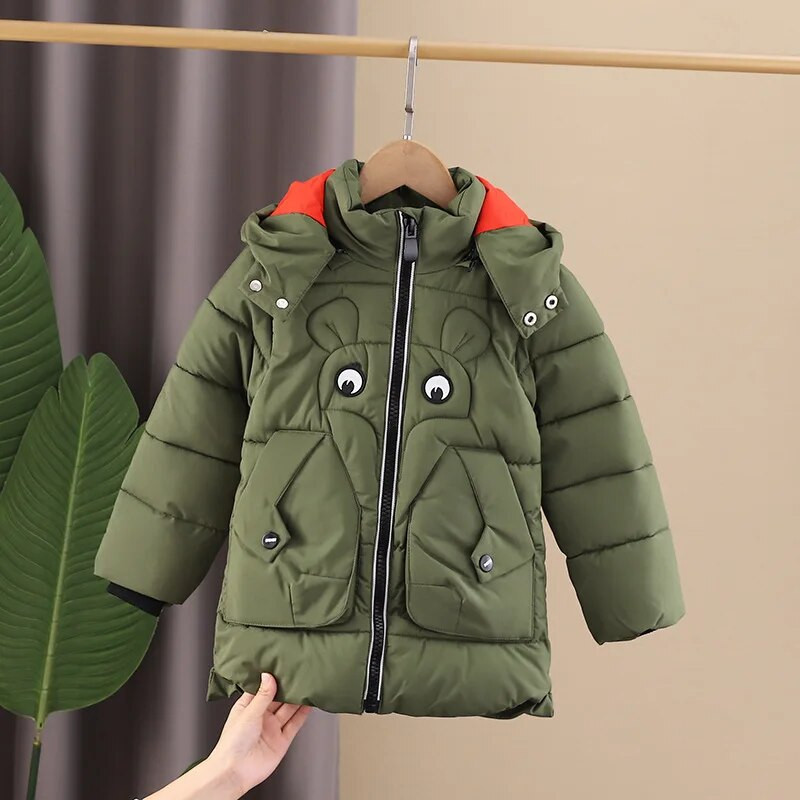 Nova zimska jakna za dječake 2023., srednje dužine, zadebljana crtana šara, koja održava toplinu, snježno odijelo s kapuljačom za 2-5 godina, dječja gornja odjeća