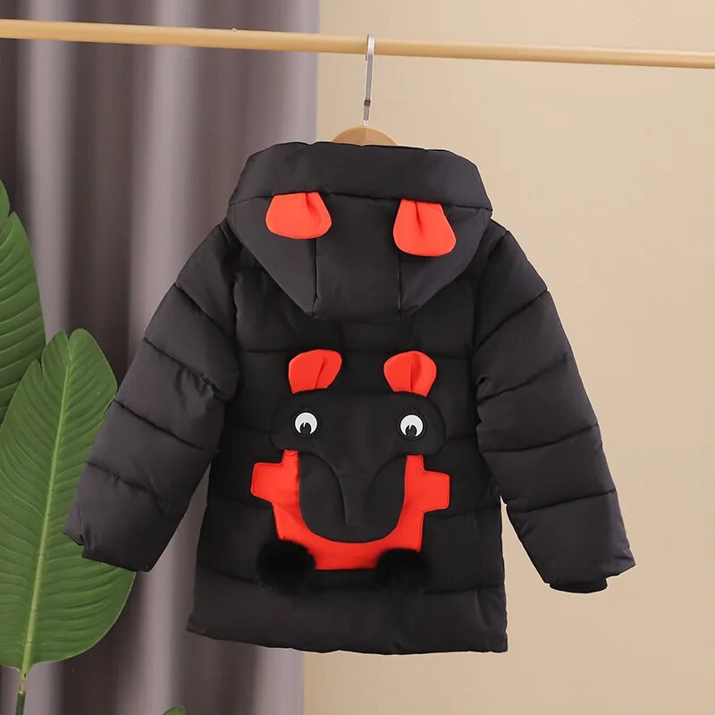 Nova zimska jakna za dječake 2023., srednje dužine, zadebljana crtana šara, koja održava toplinu, snježno odijelo s kapuljačom za 2-5 godina, dječja gornja odjeća